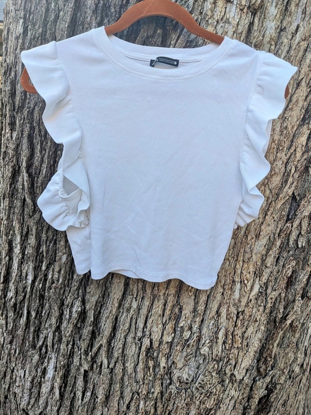 Zara Ribbed Ruffle T-Shirt Ruffle Sleeve Top White Medium